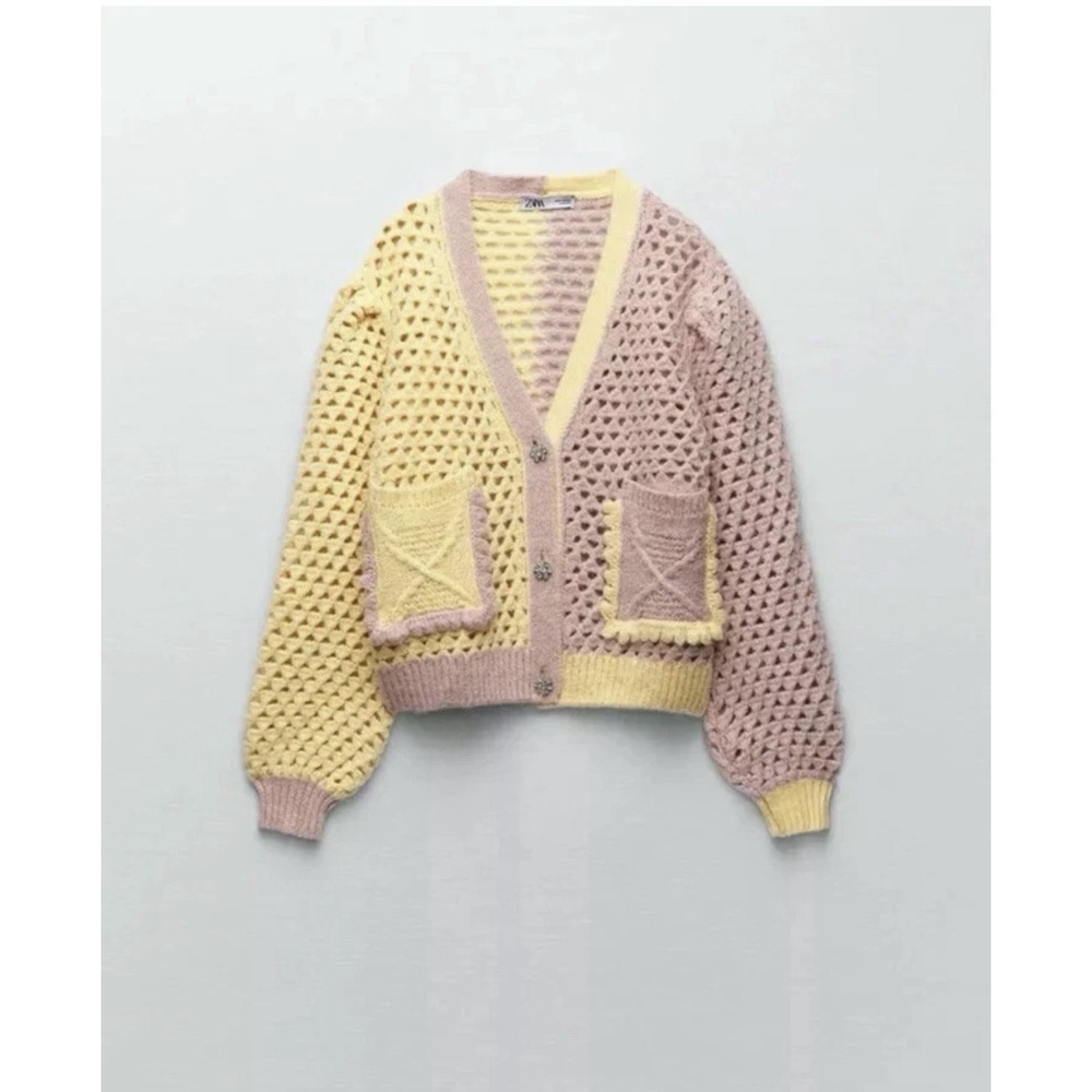 Zara Multicoloured Knit Cardigan With Gem Buttons Womens Medium Knitwear Preppy